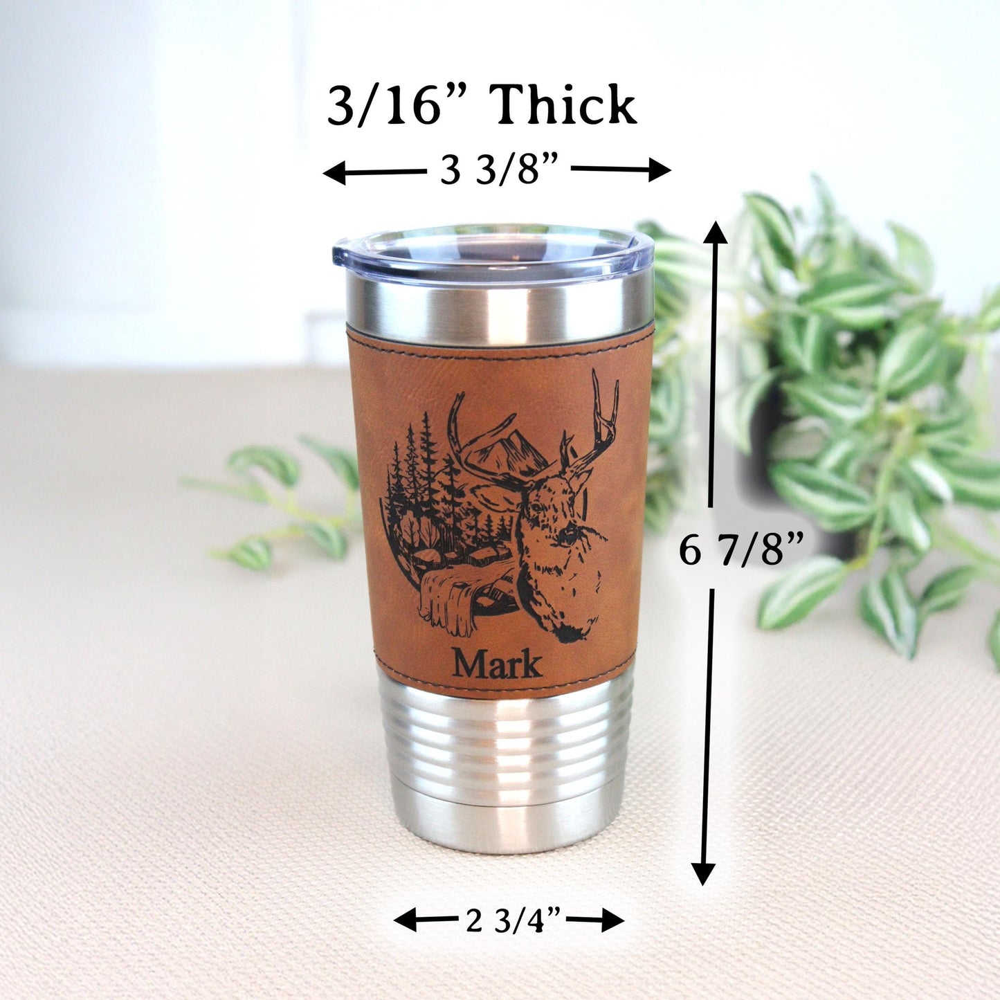 Engraved Deer in the Mountains or Deer Head on Leather wrapped travel mug, Deer Coffee Mug, Perfect Hunter Gift Father's Day Gift-1 Tumbler