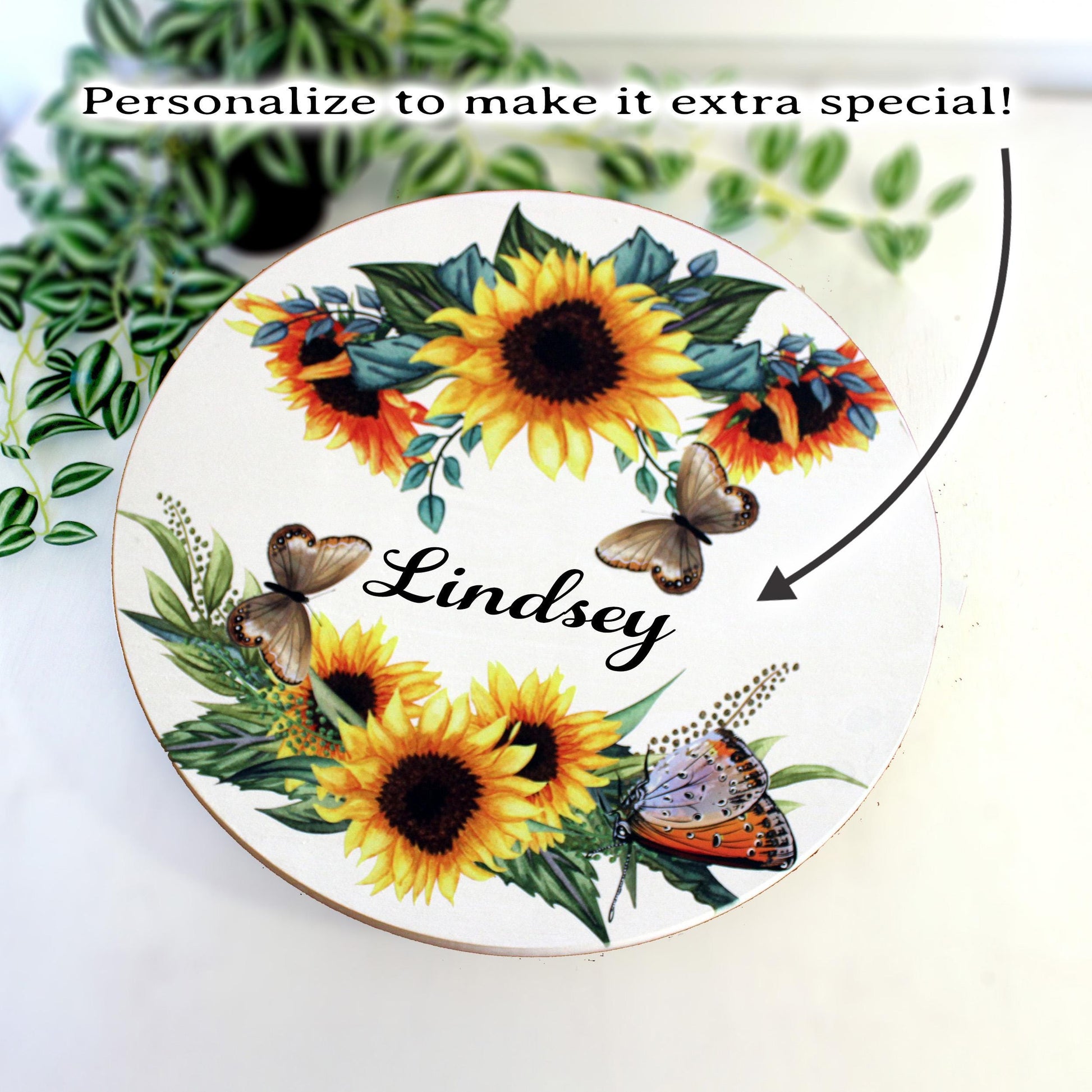Personalized Sunflowers and Butterflies Wood Lazy Susan, Lazy Susan Turntable, Unique Custom Centerpiece Bath Counter Organizer, Sizes Vary