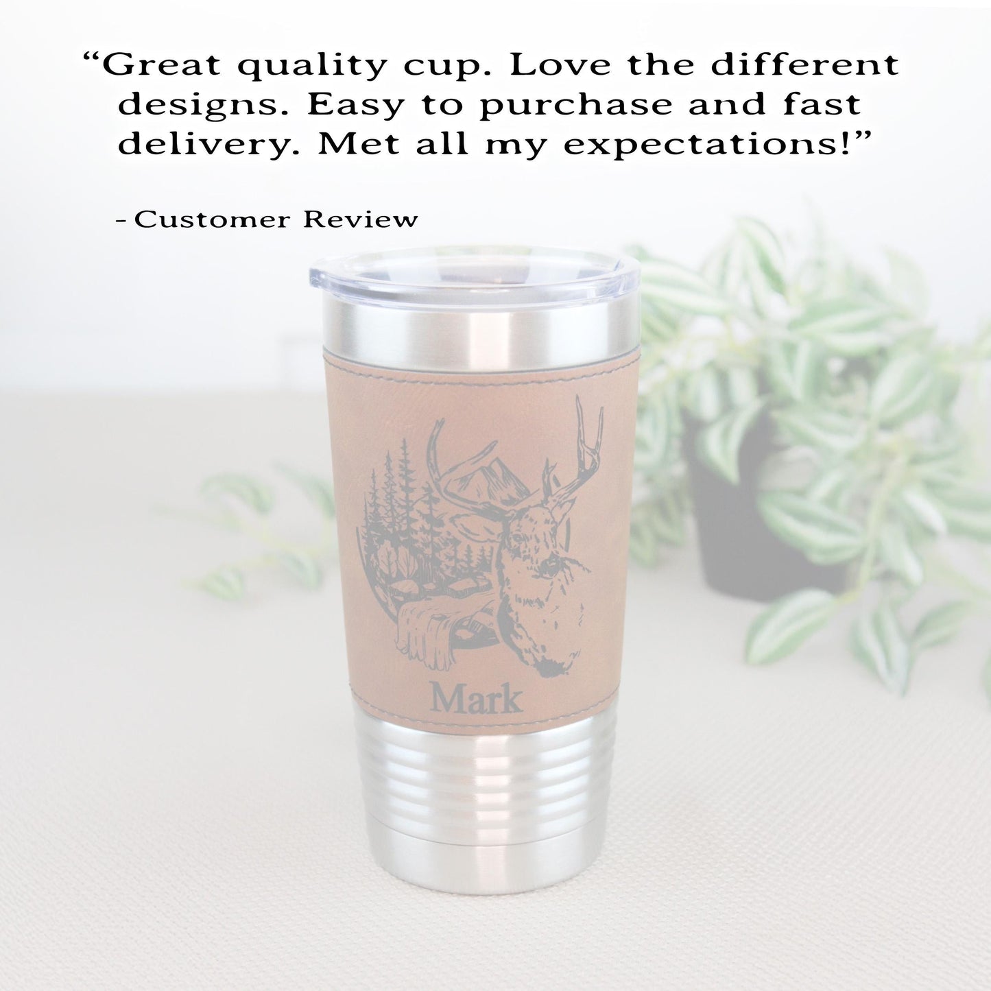 Engraved Deer in the Mountains or Deer Head on Leather wrapped travel mug, Deer Coffee Mug, Perfect Hunter Gift Father's Day Gift-1 Tumbler