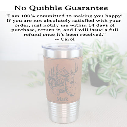 Engraved Deer in the Mountains or Deer Head on Leather wrapped travel mug, Deer Coffee Mug, Perfect Hunter Gift Father's Day Gift-1 Tumbler