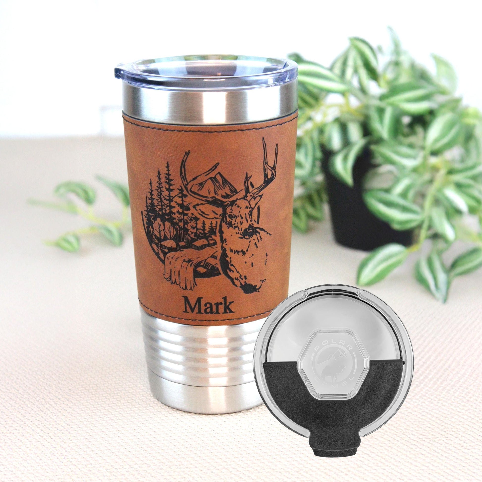 Engraved Deer in the Mountains or Deer Head on Leather wrapped travel mug, Deer Coffee Mug, Perfect Hunter Gift Father's Day Gift-1 Tumbler