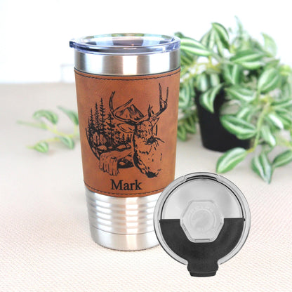 Engraved Deer in the Mountains or Deer Head on Leather wrapped travel mug, Deer Coffee Mug, Perfect Hunter Gift Father's Day Gift-1 Tumbler