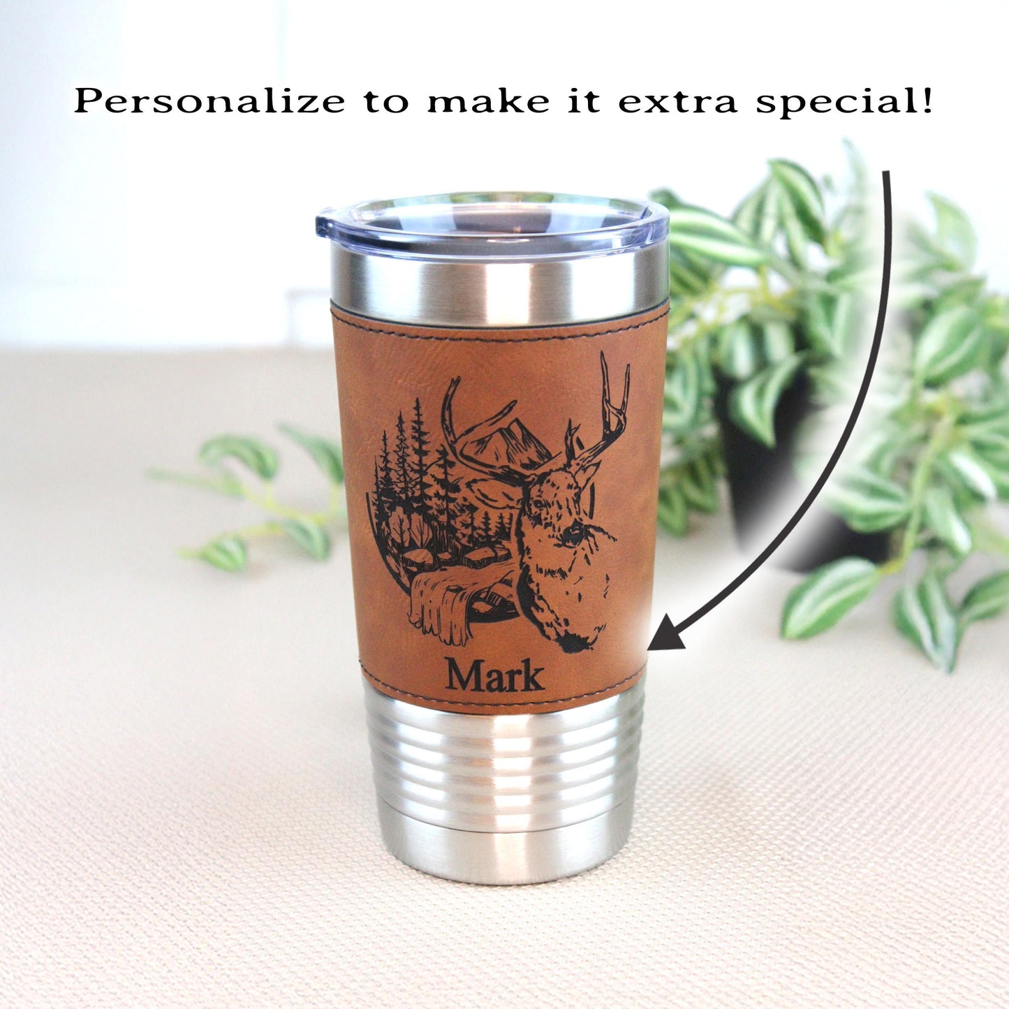 Engraved Deer in the Mountains or Deer Head on Leather wrapped travel mug, Deer Coffee Mug, Perfect Hunter Gift Father's Day Gift-1 Tumbler