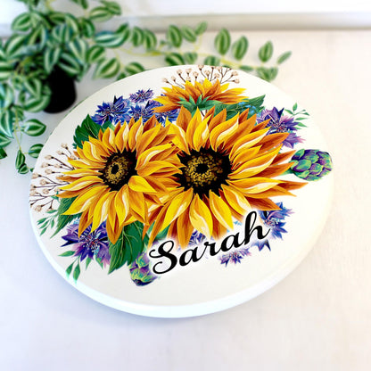 Sunflowers and Cornflowers Custom Lazy Susan Turntable, Personalized Kitchen and Bath Organizer, Unique Dining Table Centerpiece, Sizes Vary