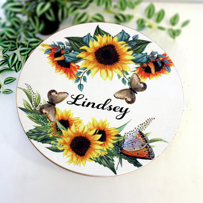 Personalized Sunflowers and Butterflies Wood Lazy Susan, Lazy Susan Turntable, Unique Custom Centerpiece Bath Counter Organizer, Sizes Vary