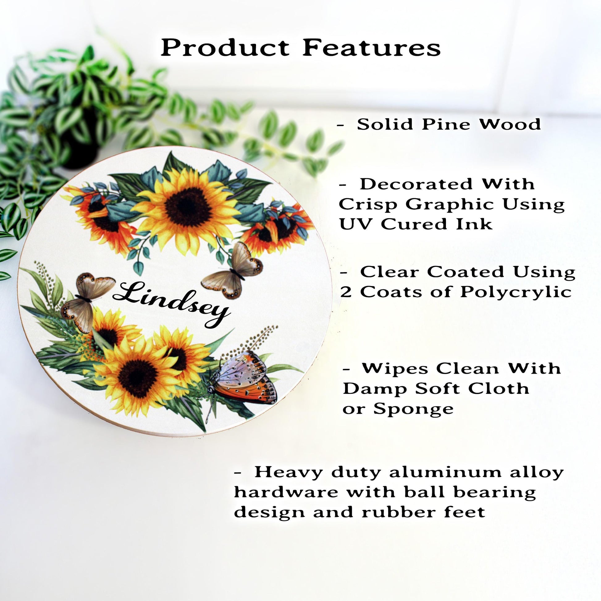 Personalized Sunflowers and Butterflies Wood Lazy Susan, Lazy Susan Turntable, Unique Custom Centerpiece Bath Counter Organizer, Sizes Vary