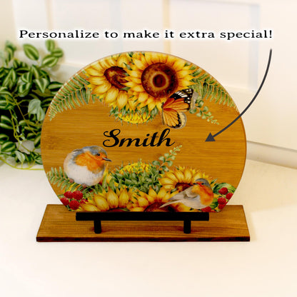 Personalized Sunflowers and Birds Cookbook Stand, Decorative Kitchen Counter Home Decor, Recipe Book Holder, Tablet Ipad Stand Gift