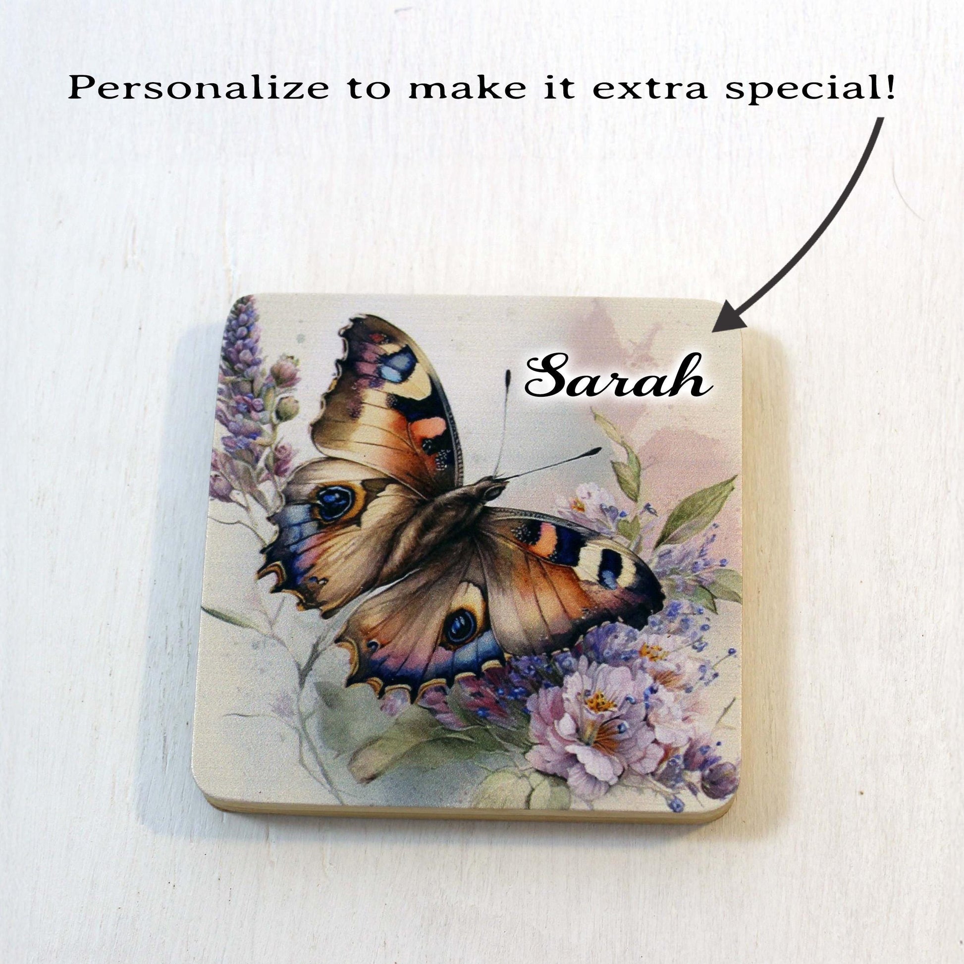 Butterfly Bamboo Coaster Set, Set of 6 includes Bamboo Coaster Caddy & Cork Backing, Beautiful Summer Butterflies UV Ink Decorated Set