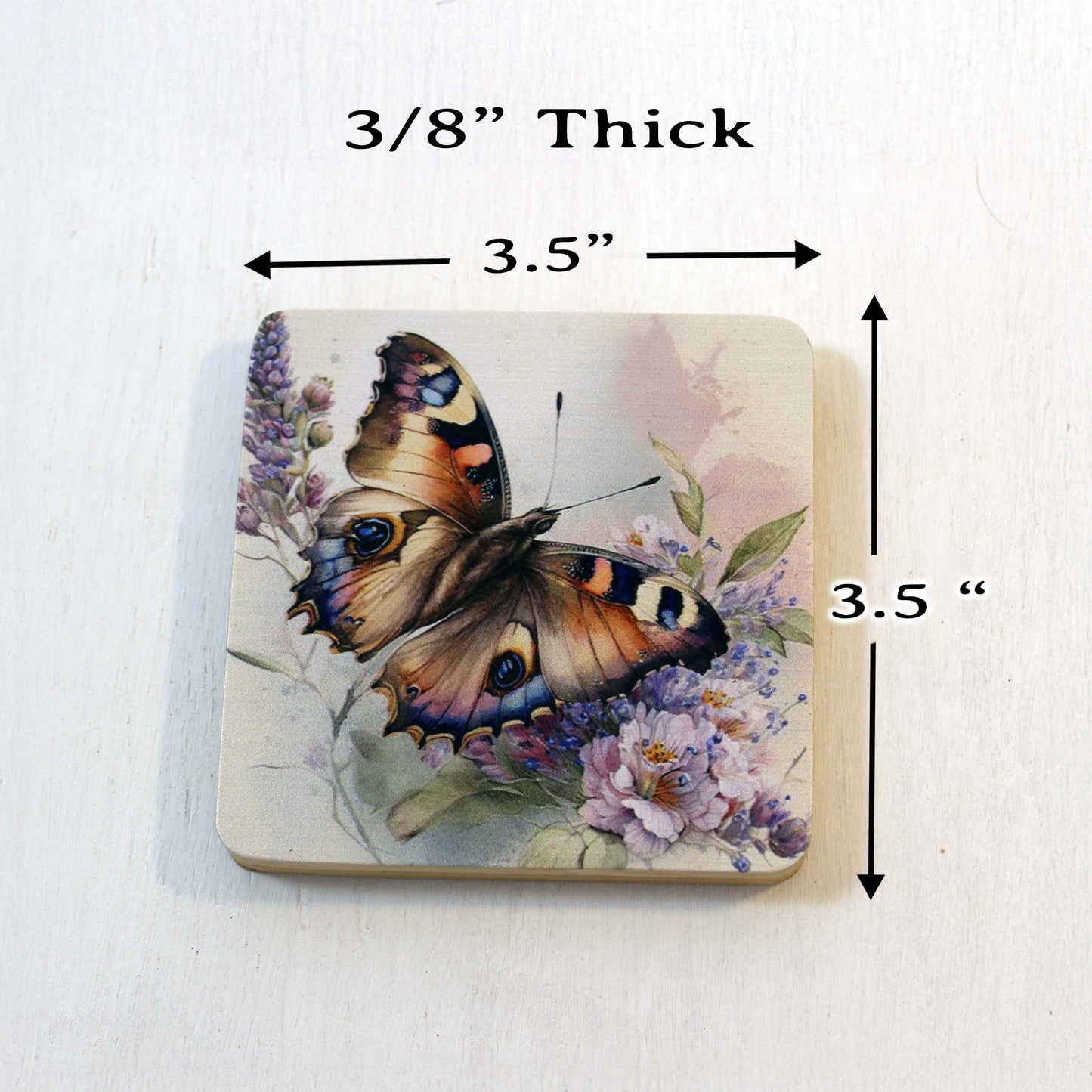 Butterfly Bamboo Coaster Set, Set of 6 includes Bamboo Coaster Caddy & Cork Backing, Beautiful Summer Butterflies UV Ink Decorated Set