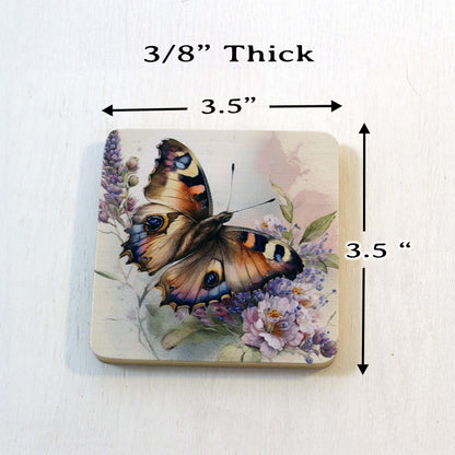 Butterfly Bamboo Coaster Set, Set of 6 includes Bamboo Coaster Caddy & Cork Backing, Beautiful Summer Butterflies UV Ink Decorated Set