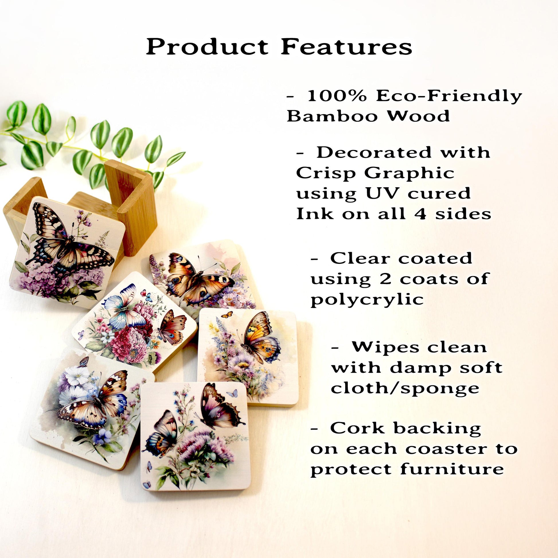 Butterfly Bamboo Coaster Set, Set of 6 includes Bamboo Coaster Caddy & Cork Backing, Beautiful Summer Butterflies UV Ink Decorated Set