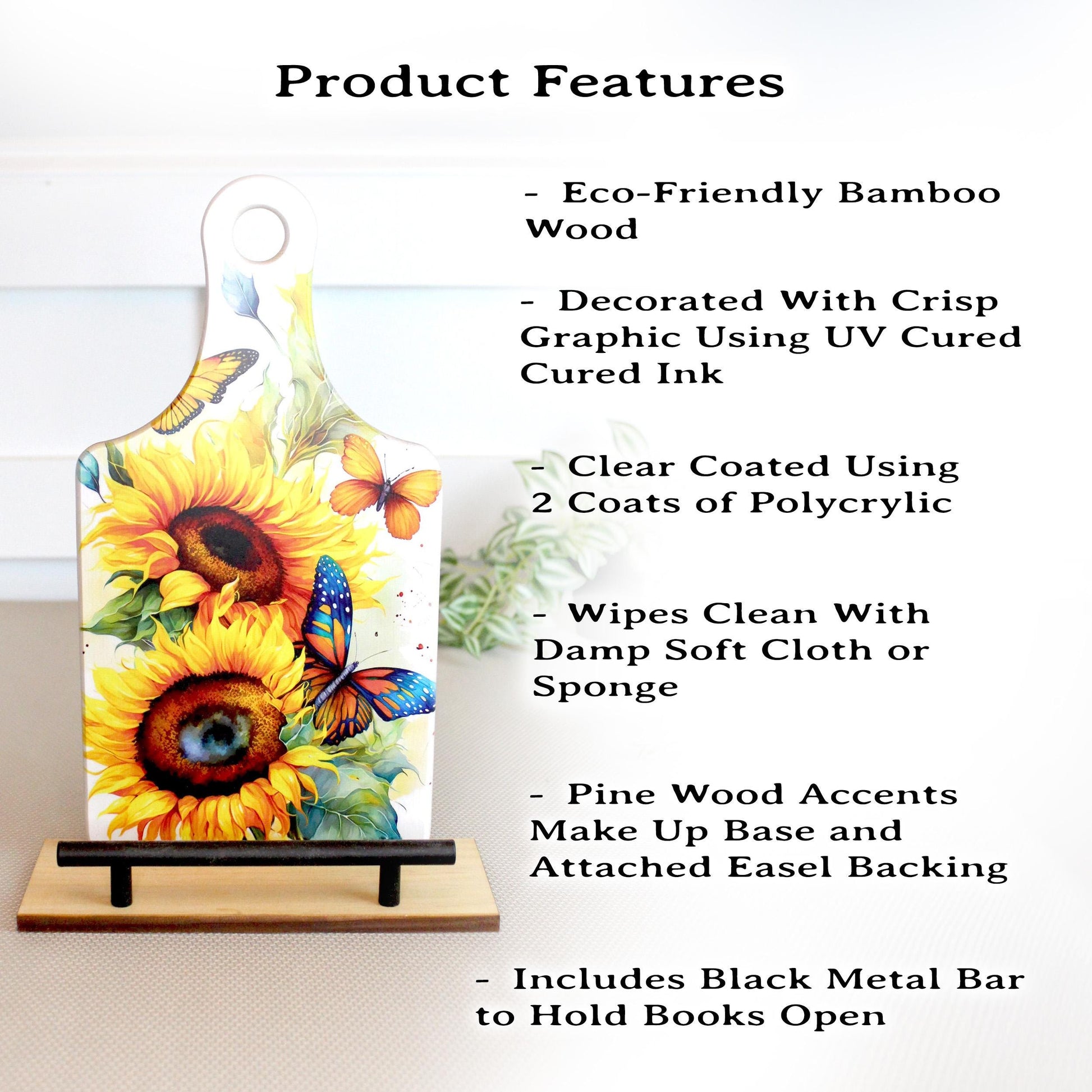 Sunflowers and Butterflies Cookbook Stand for the Kitchen from Environmentally Sustainable Bamboo with Pine Wood Accents to create an Easel