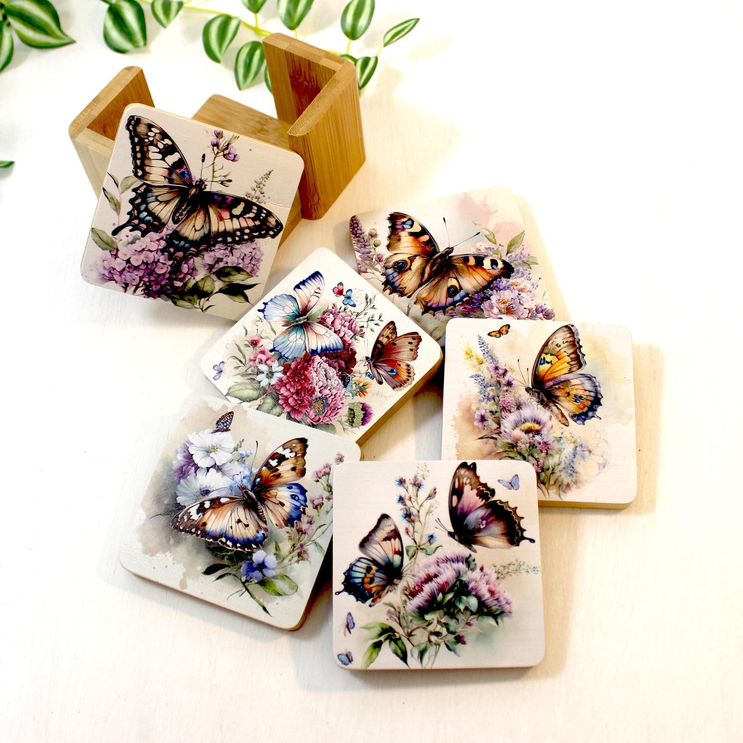Butterfly Bamboo Coaster Set, Set of 6 includes Bamboo Coaster Caddy & Cork Backing, Beautiful Summer Butterflies UV Ink Decorated Set