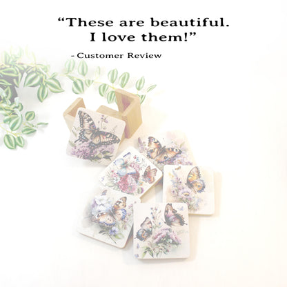 Butterfly Bamboo Coaster Set, Set of 6 includes Bamboo Coaster Caddy & Cork Backing, Beautiful Summer Butterflies UV Ink Decorated Set