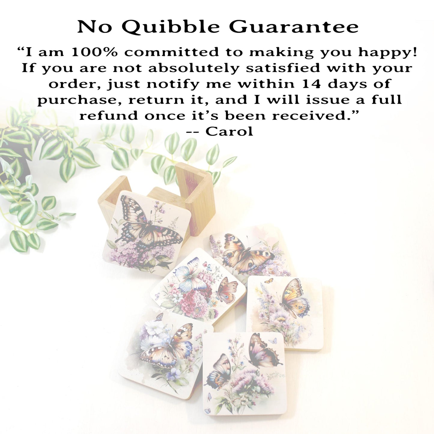 Butterfly Bamboo Coaster Set, Set of 6 includes Bamboo Coaster Caddy & Cork Backing, Beautiful Summer Butterflies UV Ink Decorated Set