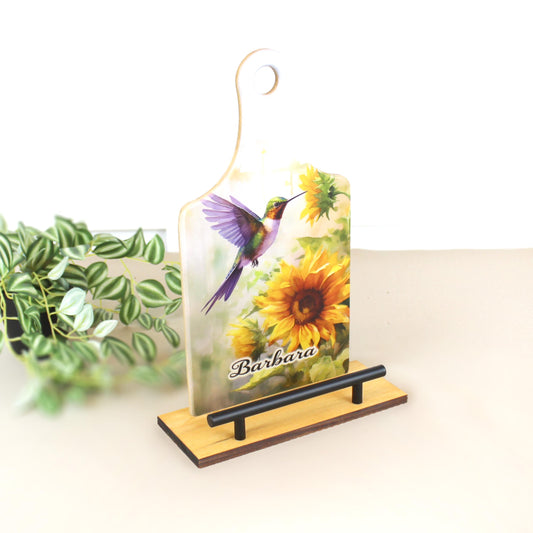 Sunflowers And Purple Hummingbird Cookbook Stand, Wooden Kitchen Recipe Holder, Personalized Ipad And Tablet Stand, Custom Gift For Cooks