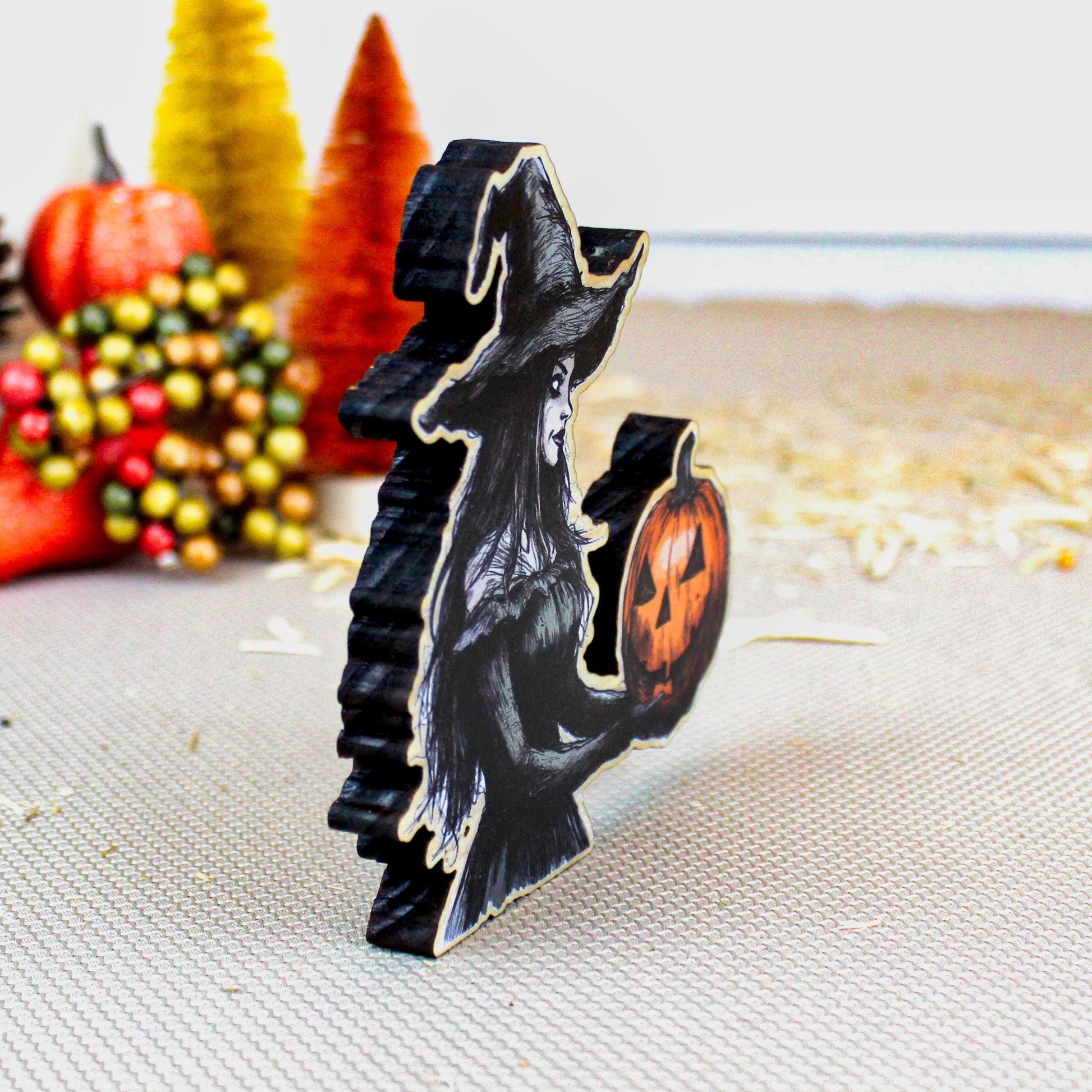 Halloween Witch Shelf Sitter – Solid poplar Wood Decor, she protects the magic, For Tiered Trays. Mantels & Shelves, Rustic Farmhouse