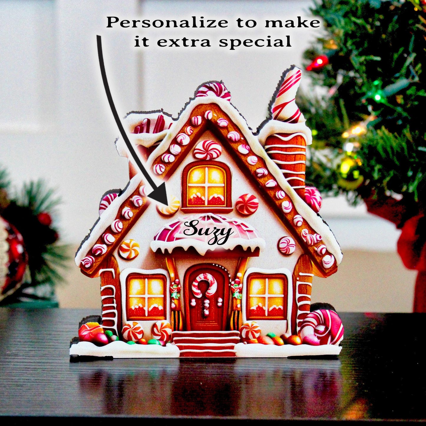 Personalized Purple Gingerbread House Shelf Sitters, Christmas Tiered Tray Decor