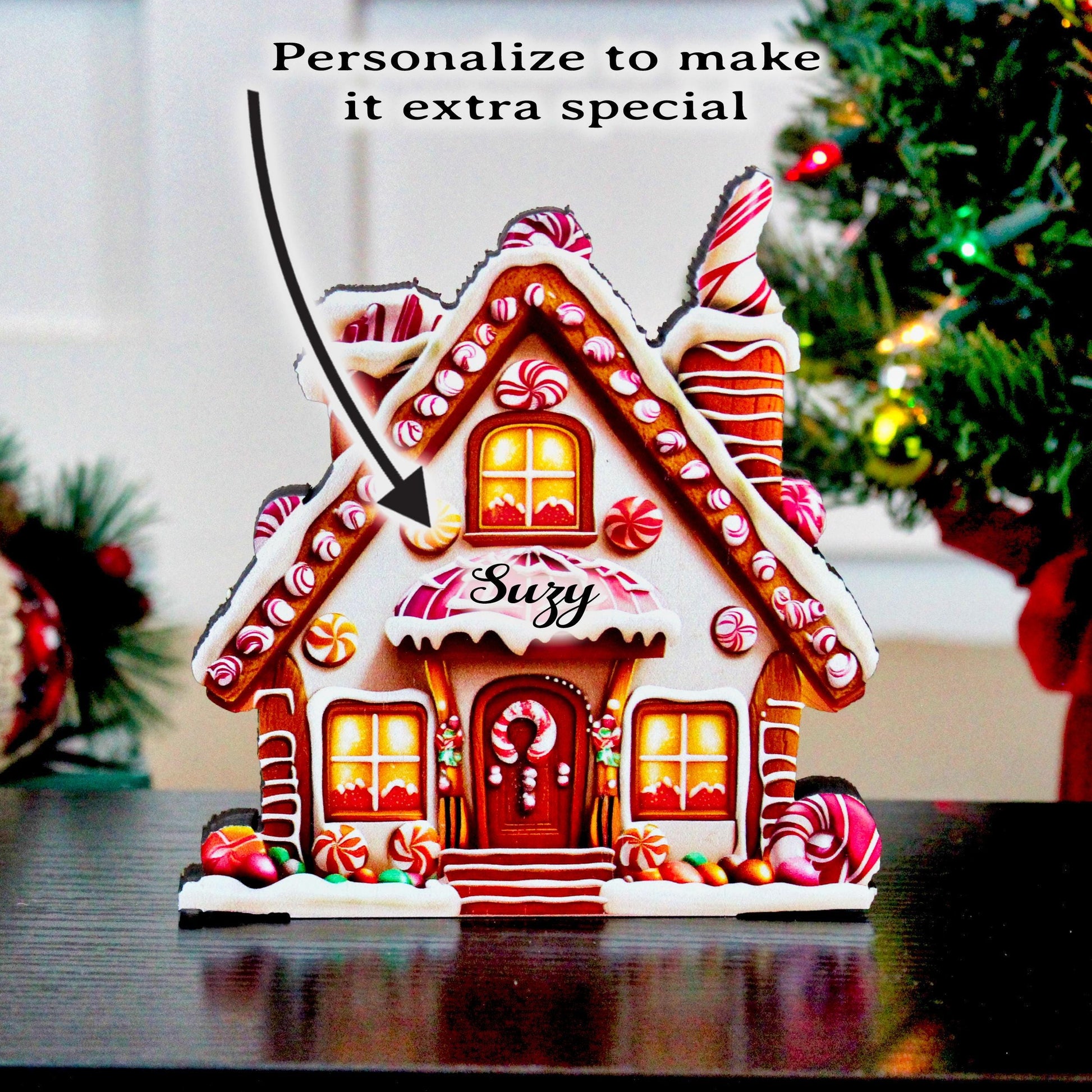 Personalized Purple Gingerbread House Shelf Sitters, Christmas Tiered Tray Decor