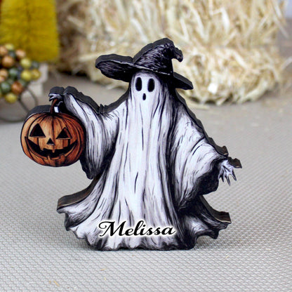 Personalized Halloween Ghost Shelf Sitter – Rustic Witch Decor