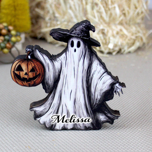 Personalized Halloween Ghost Shelf Sitter – Rustic Witch Decor