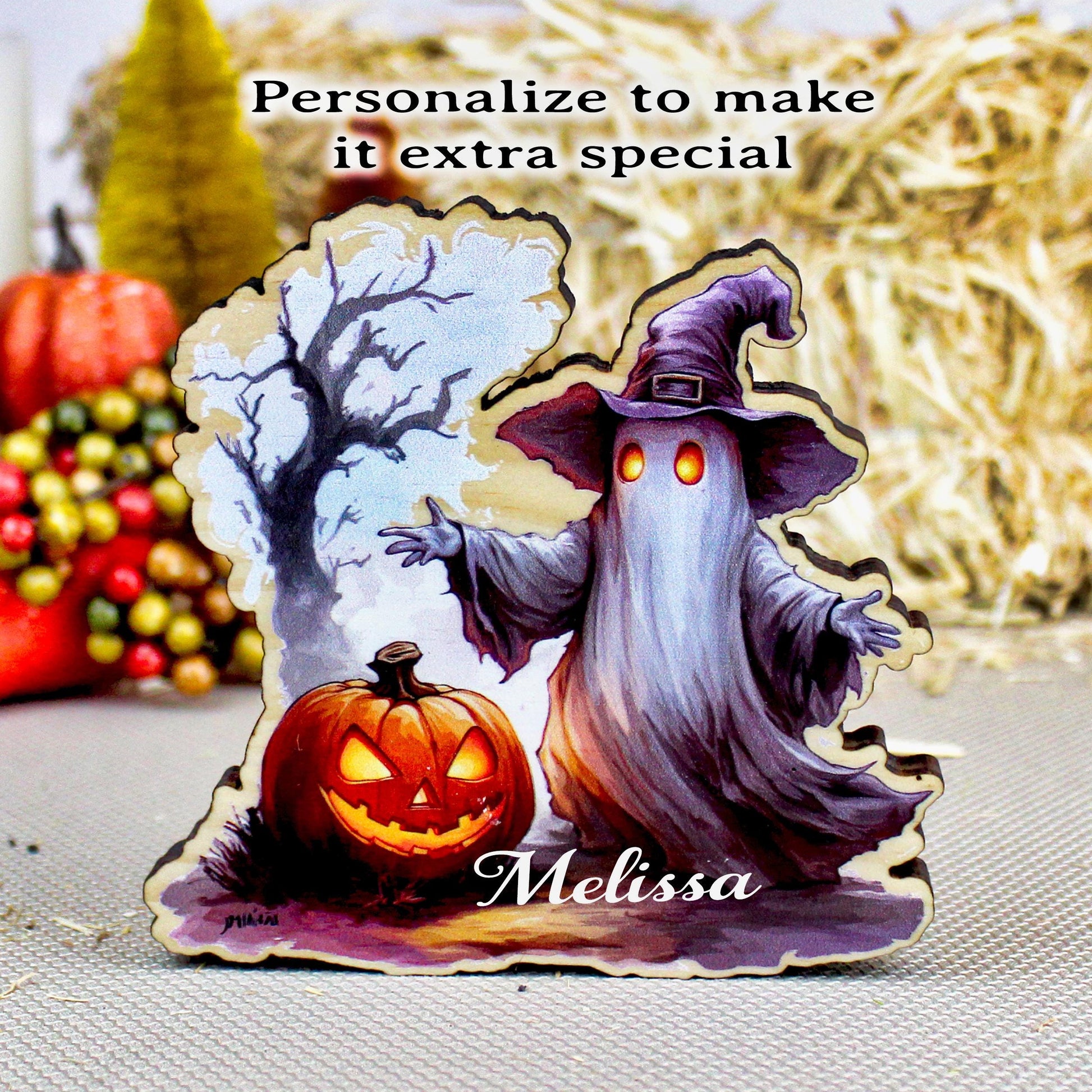 Custom Halloween Ghost Shelf Sitter, Spooky Tree & Pumpkin, A Keepsake Filled With Wonder, Decor for Tiered Trays. Mantels and Shelves