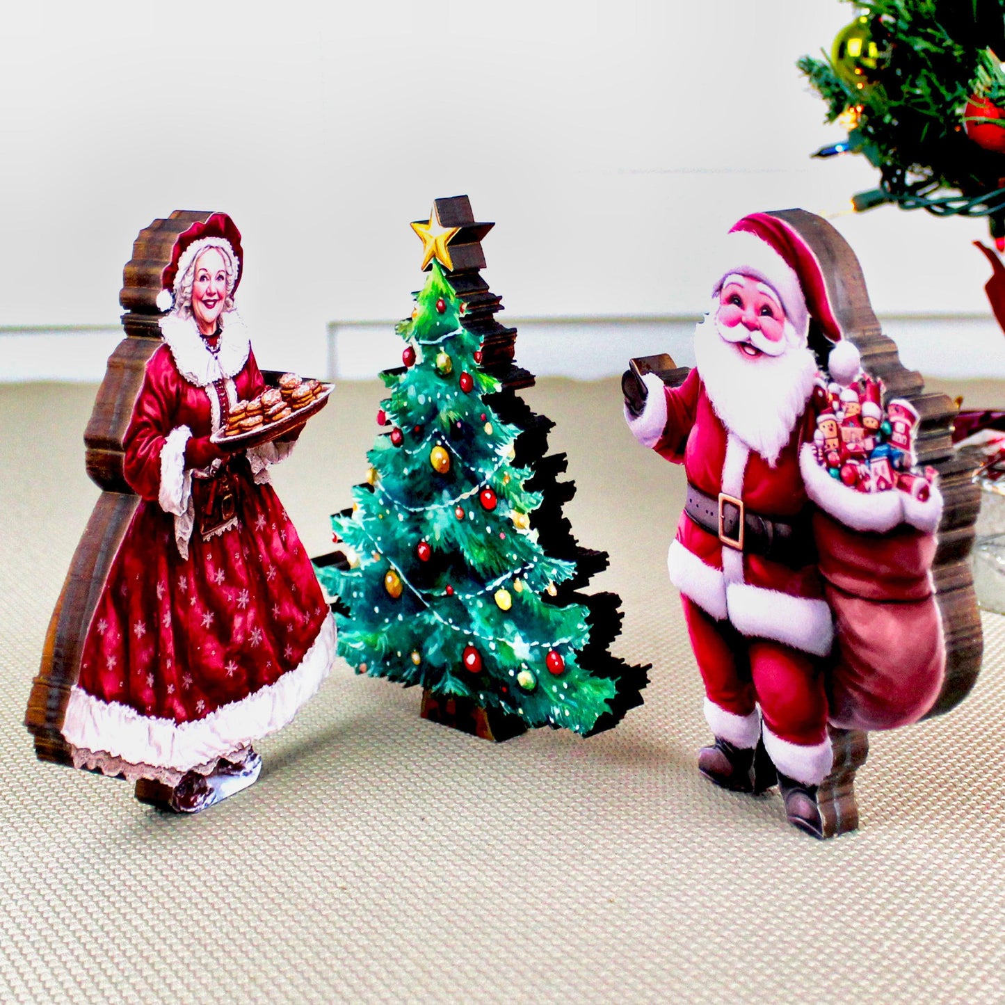 Santa & Mrs. Claus Shelf Sitter Set – 3-Piece Christmas Decor with Poplar Wood Tree, UV Printed Farmhouse Holiday Mantel or Tabletop Display