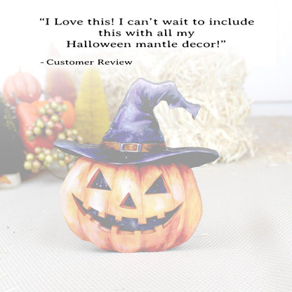 Personalized Halloween Pumpkin Shelf Sitter – Custom Name Jack-o’-Lantern with Witch Hat, Whimsy, Warmth, and Just a Little Witchy Charm