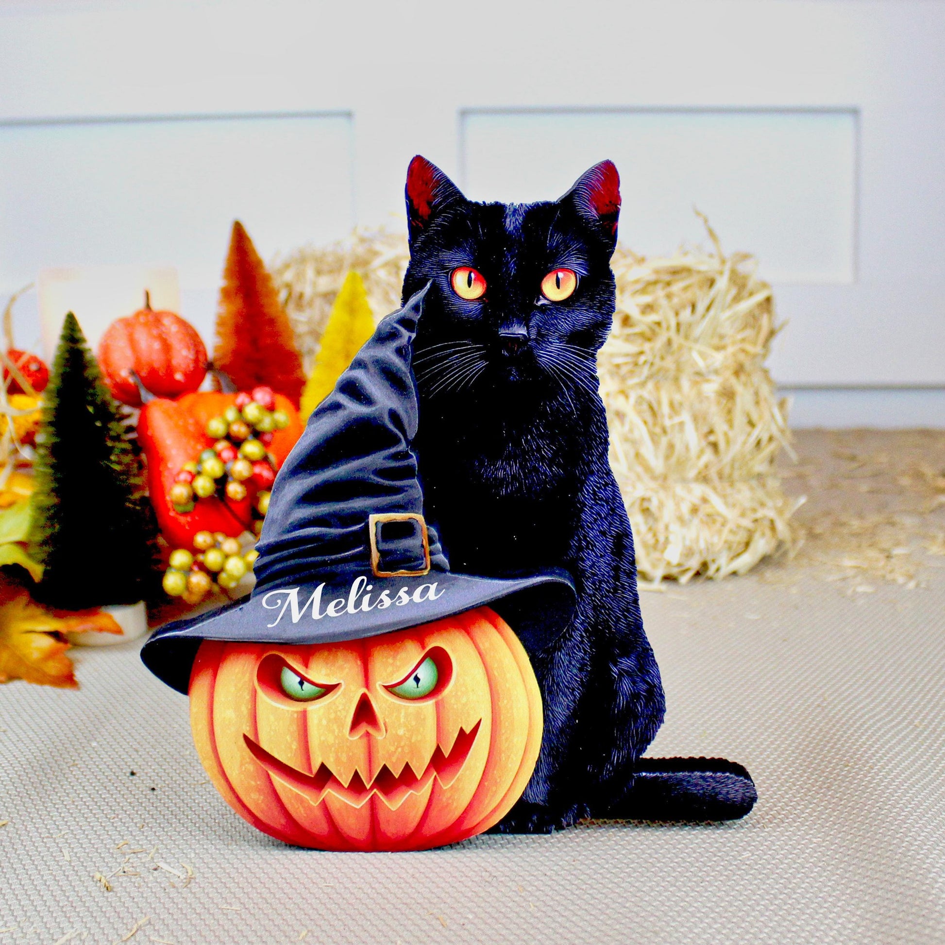 Custom Halloween Pumpkin with Cat, Personalized Shelf Sitter with Name, For Cat Lovers, Add a Soft Glow of Personality To Your Spooky Season