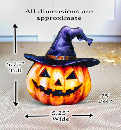 Personalized Halloween Pumpkin Shelf Sitter – Custom Name Jack-o’-Lantern with Witch Hat, Whimsy, Warmth, and Just a Little Witchy Charm