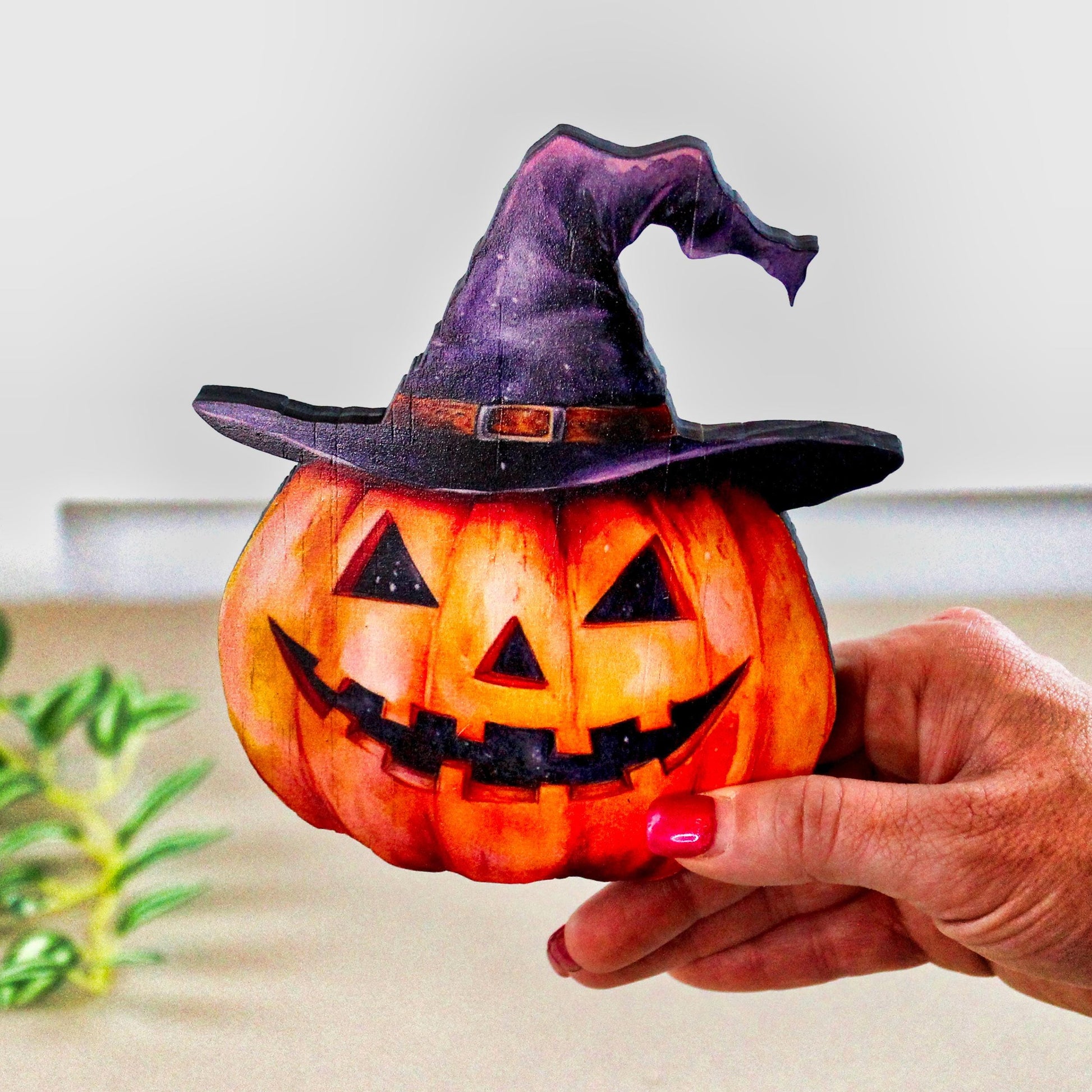 Personalized Halloween Pumpkin Shelf Sitter – Custom Name Jack-o’-Lantern with Witch Hat, Whimsy, Warmth, and Just a Little Witchy Charm