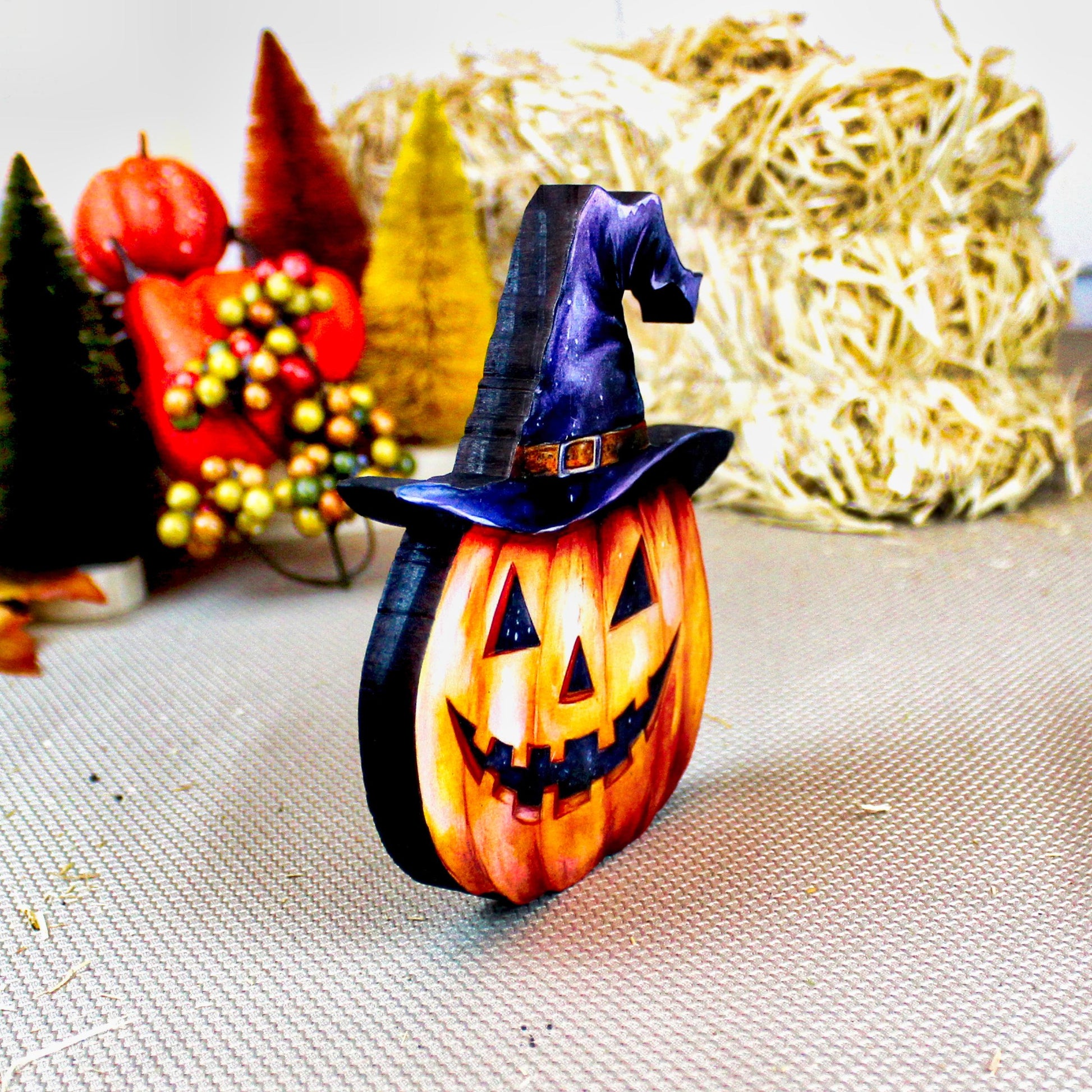 Personalized Halloween Pumpkin Shelf Sitter – Custom Name Jack-o’-Lantern with Witch Hat, Whimsy, Warmth, and Just a Little Witchy Charm