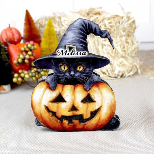 Personalized Halloween Black Cat with Pumpkin Shelf Sitter, Custom Name, Cute-Whimsical Décor Accent for Tiered Trays, Mantels & Shelves