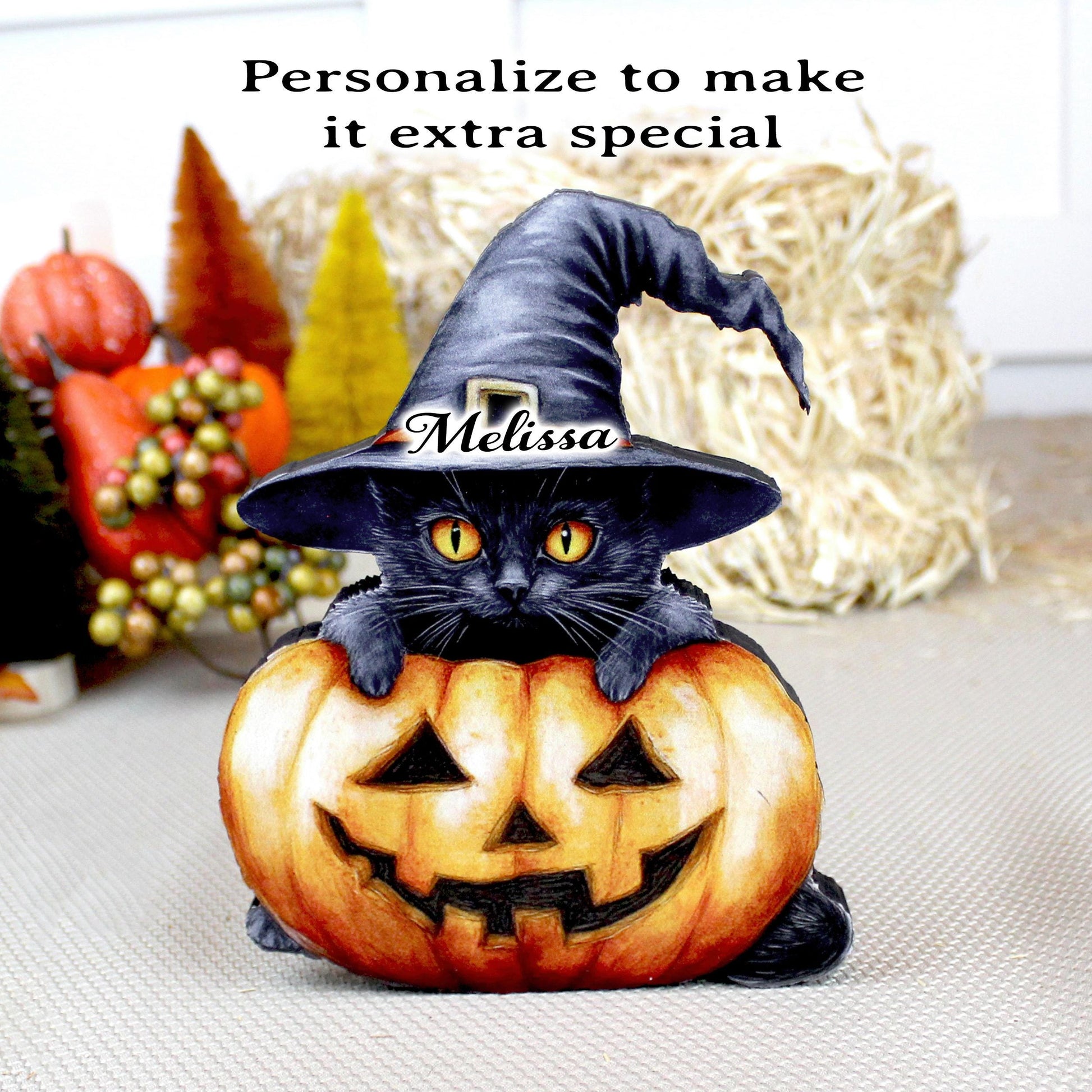 Personalized Halloween Black Cat with Pumpkin Shelf Sitter, Custom Name, Cute-Whimsical Décor Accent for Tiered Trays, Mantels & Shelves