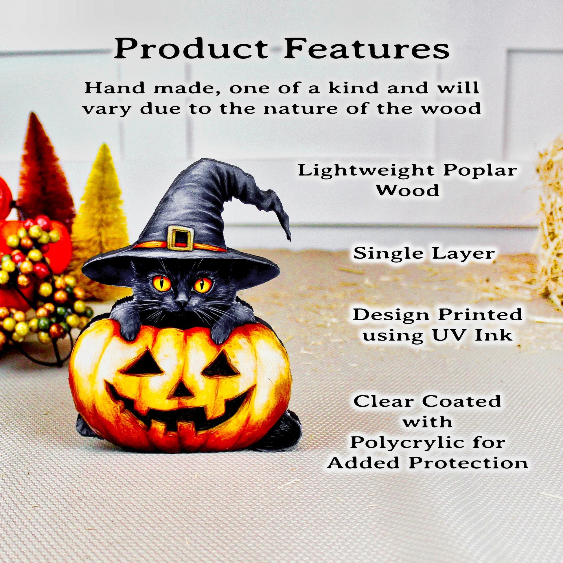 Personalized Halloween Black Cat with Pumpkin Shelf Sitter, Custom Name, Cute-Whimsical Décor Accent for Tiered Trays, Mantels & Shelves