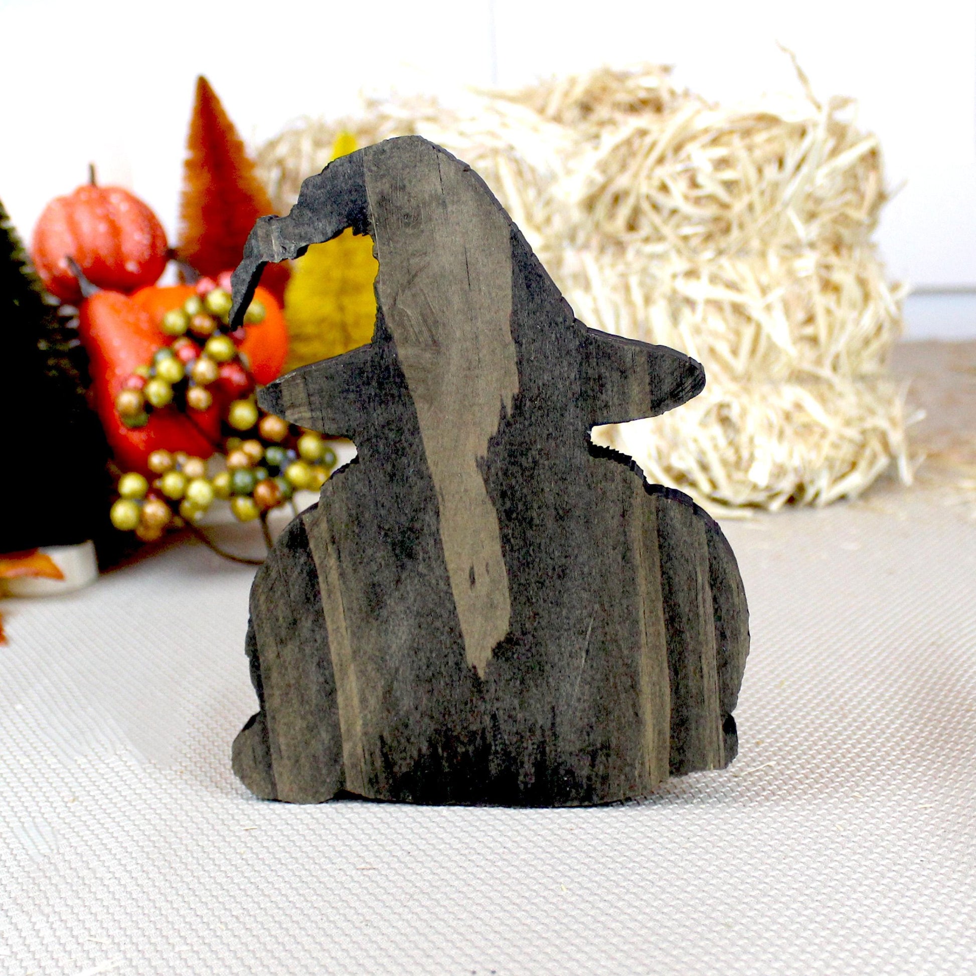 Personalized Halloween Black Cat with Pumpkin Shelf Sitter, Custom Name, Cute-Whimsical Décor Accent for Tiered Trays, Mantels & Shelves
