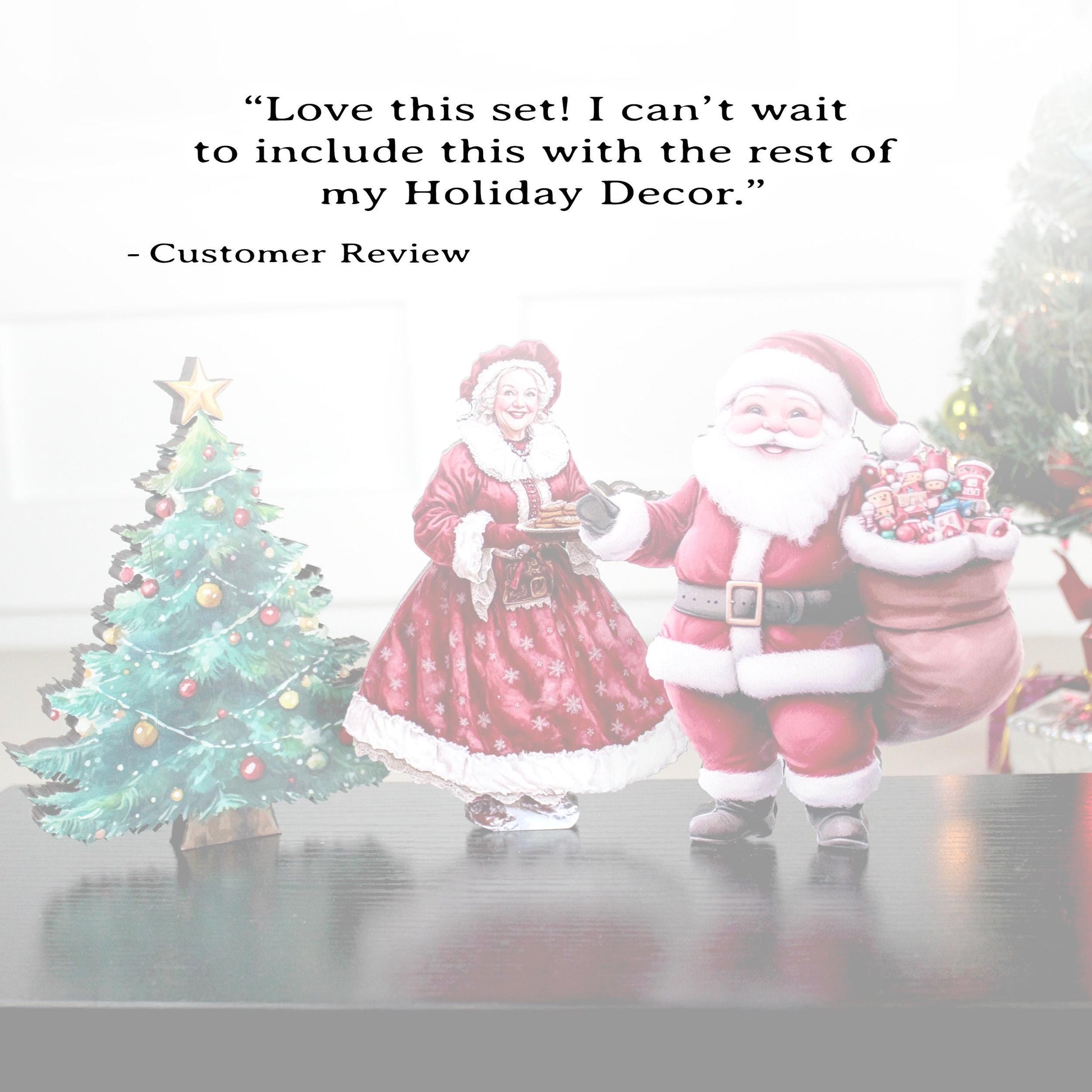 Santa & Mrs. Claus Shelf Sitter Set – 3-Piece Christmas Decor with Poplar Wood Tree, UV Printed Farmhouse Holiday Mantel or Tabletop Display