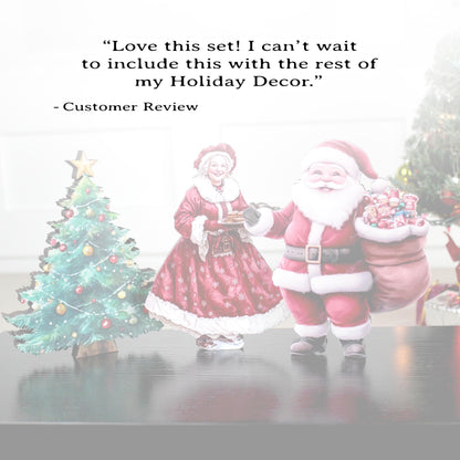Santa & Mrs. Claus Shelf Sitter Set – 3-Piece Christmas Decor with Poplar Wood Tree, UV Printed Farmhouse Holiday Mantel or Tabletop Display