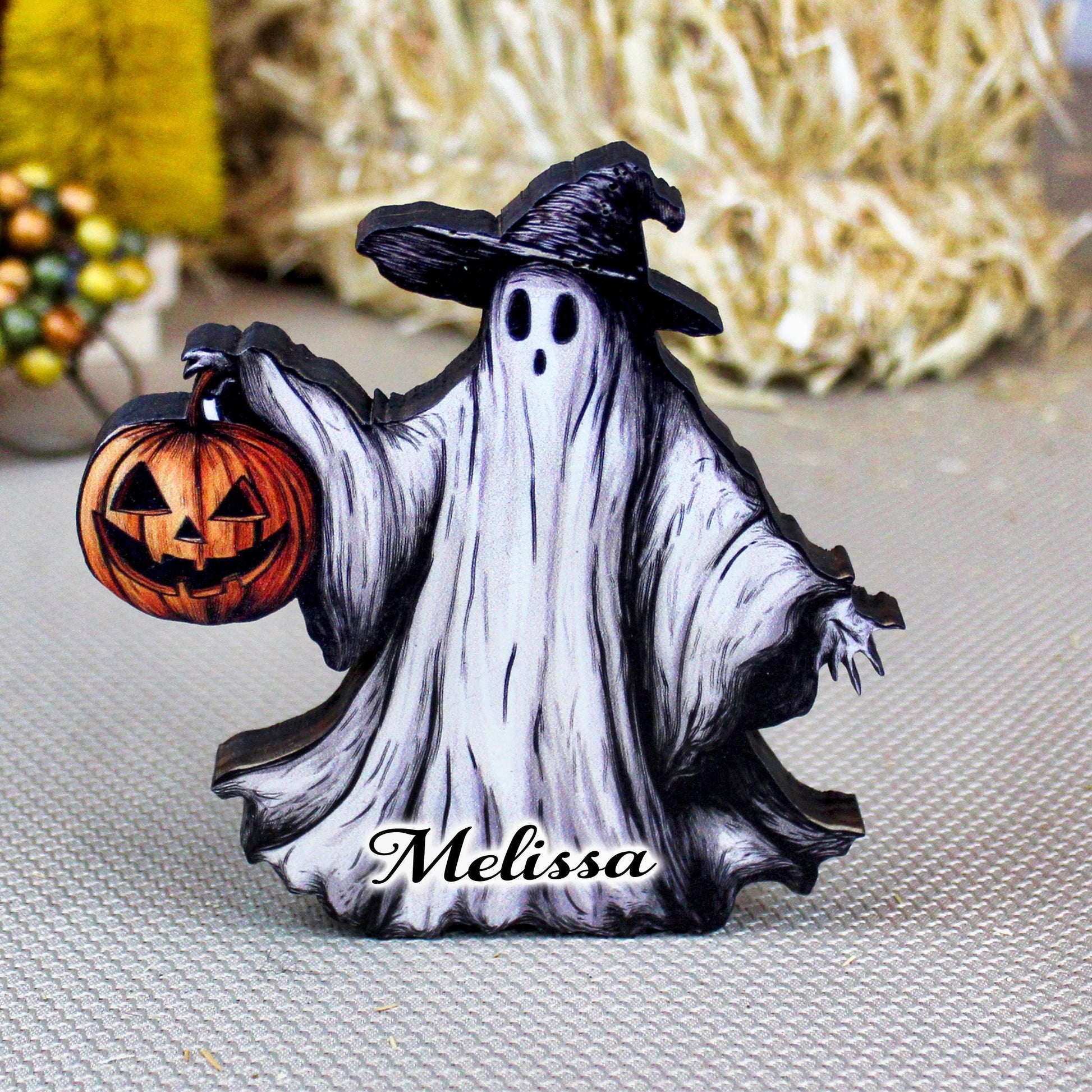 Halloween Ghost Shelf Sitters – Set of 3 Spooky-Cute Spirits with Pumpkins – Personalized Haunted House Décor, A Spooky-Cute Storybook