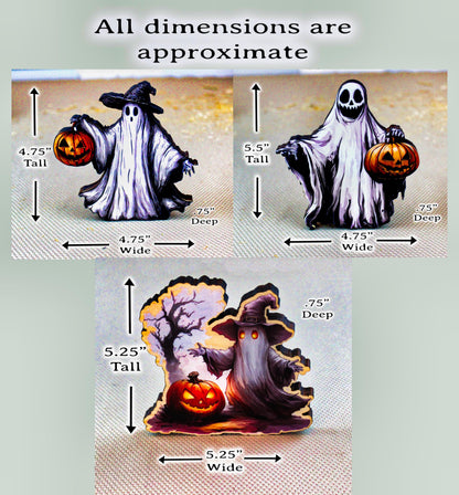Halloween Ghost Shelf Sitters – Set of 3 Spooky-Cute Spirits with Pumpkins – Personalized Haunted House Décor, A Spooky-Cute Storybook
