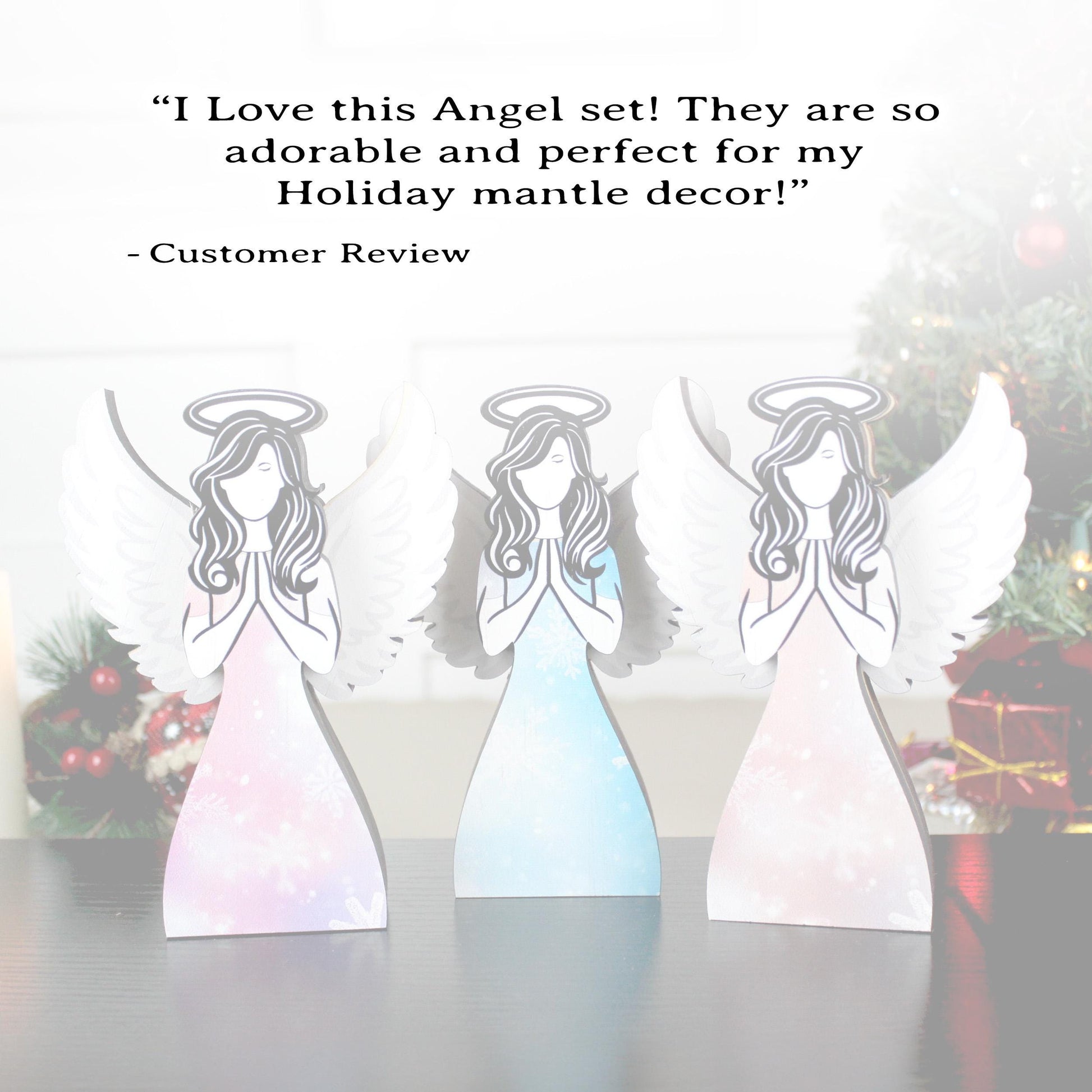 Angel Shelf Sitter Set, 3-Piece Pine Wood Christmas Angels, UV Printed Double-Layer Blonde, Brunette and Redhead Symbolizing Love & Light