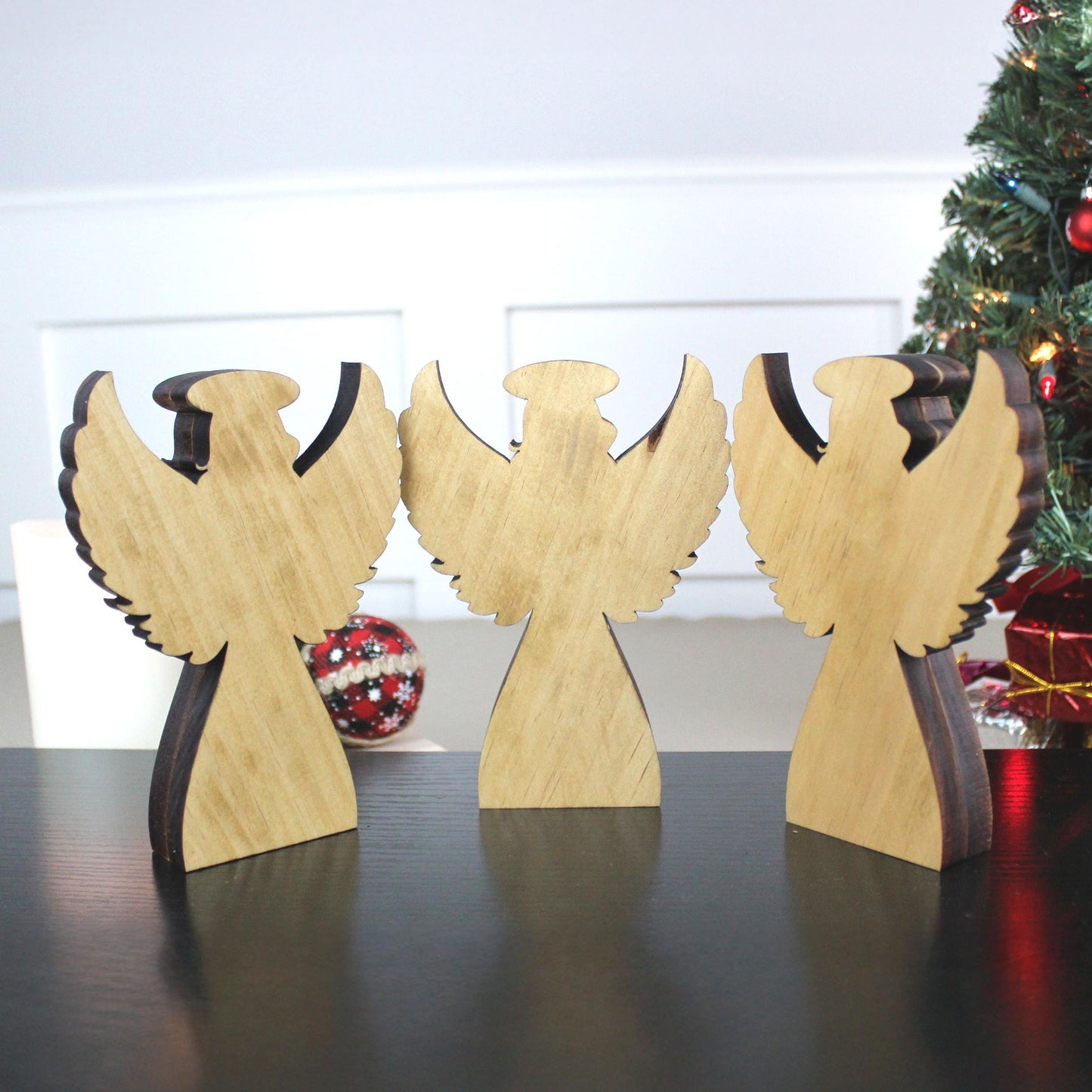 Angel Shelf Sitter Set, 3-Piece Pine Wood Christmas Angels, UV Printed Double-Layer Blonde, Brunette and Redhead Symbolizing Love & Light