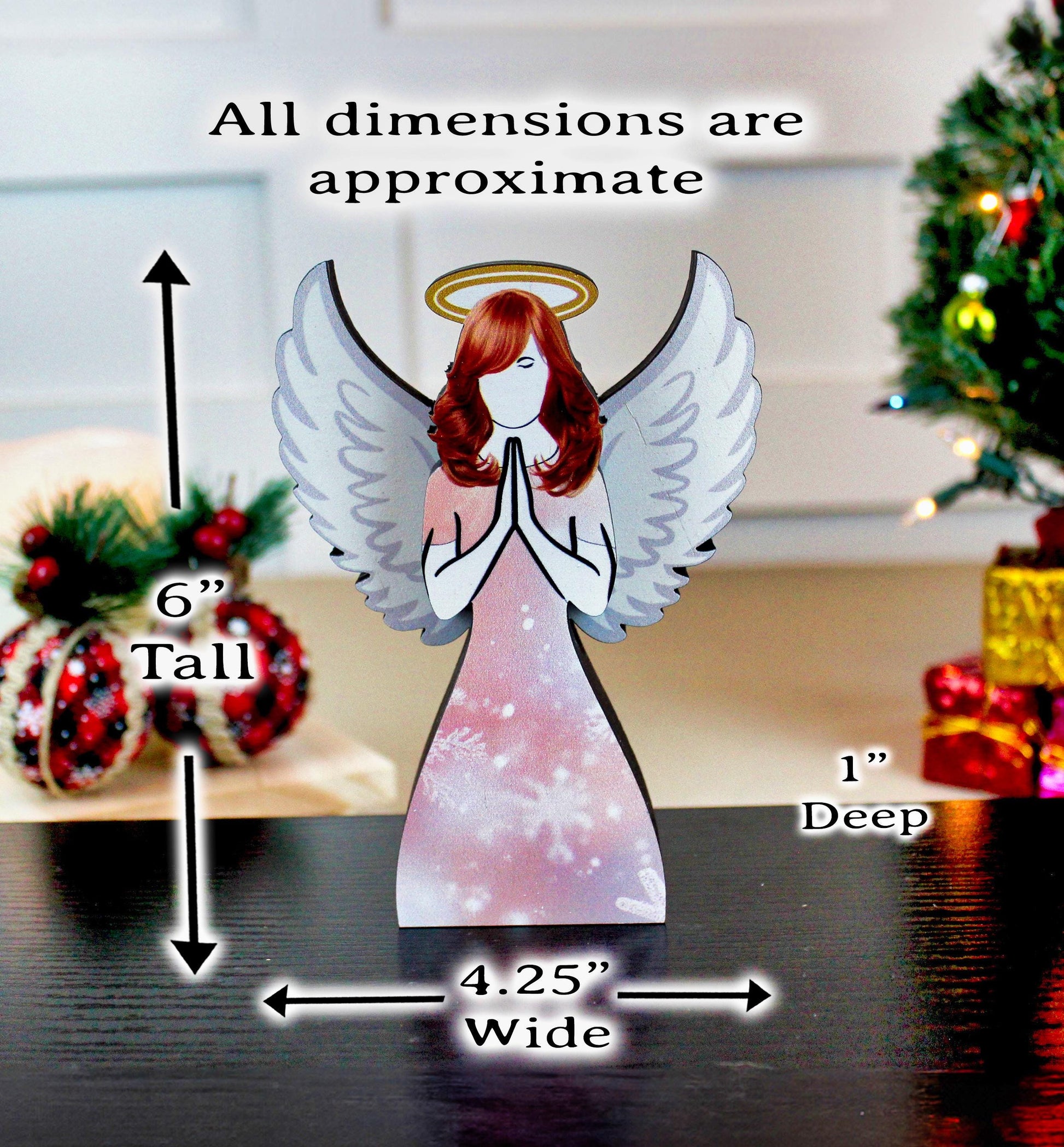 Angel Shelf Sitter Set, 3-Piece Pine Wood Christmas Angels, UV Printed Double-Layer Blonde, Brunette and Redhead Symbolizing Love & Light