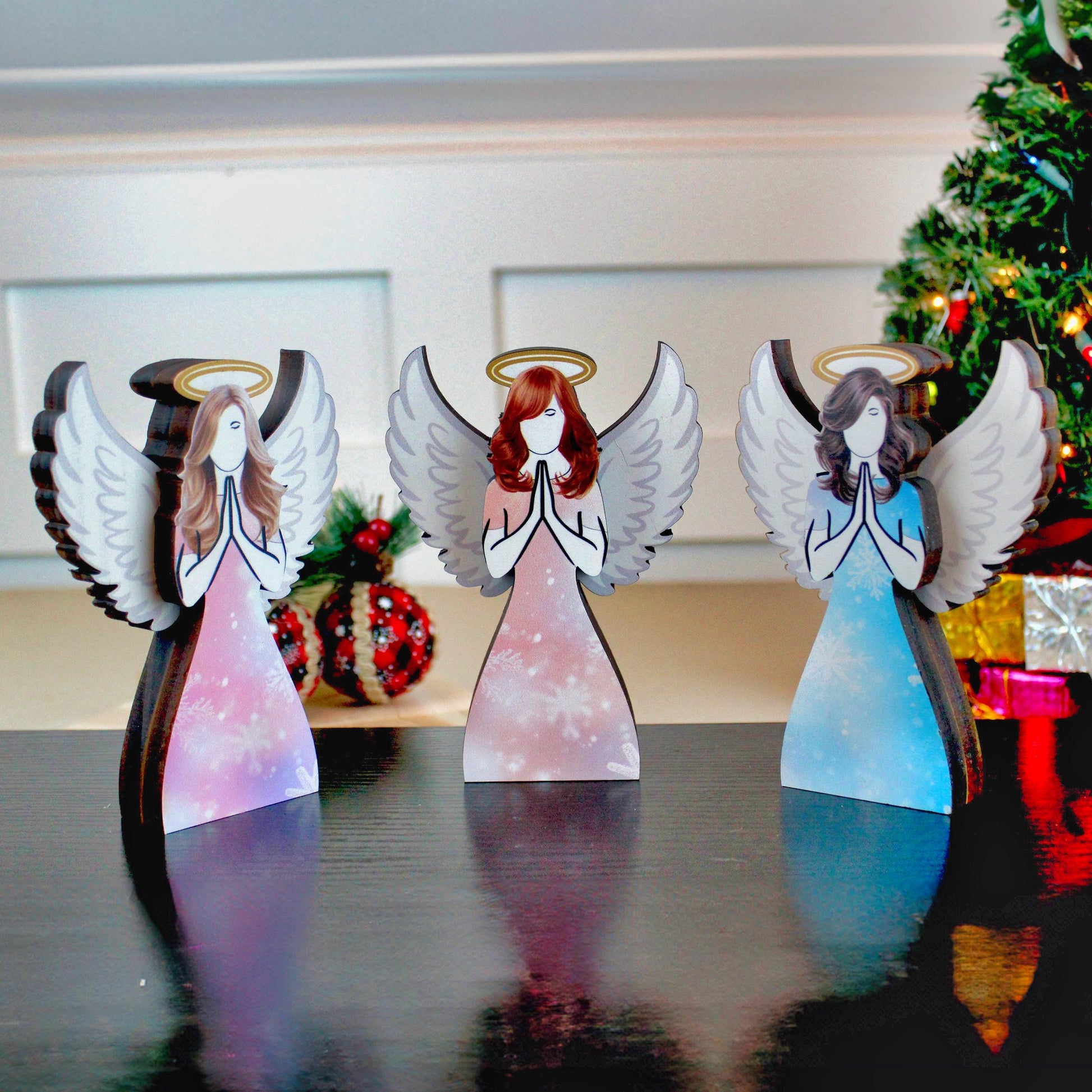 Angel Shelf Sitter Set, 3-Piece Pine Wood Christmas Angels, UV Printed Double-Layer Blonde, Brunette and Redhead Symbolizing Love & Light