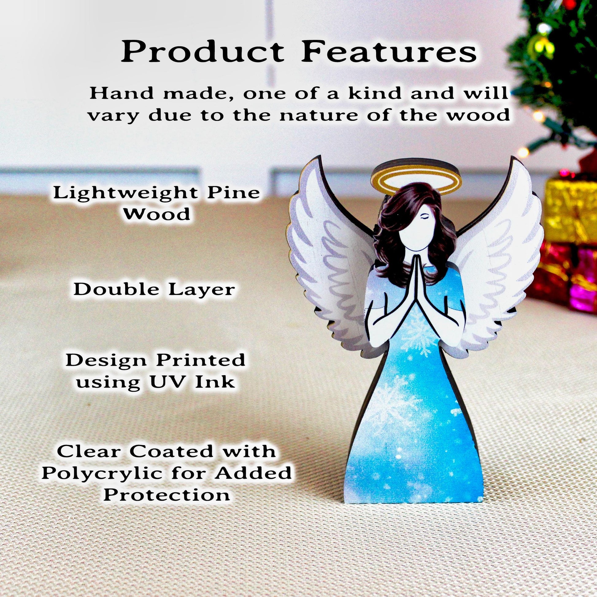 Angel Shelf Sitter Set, 3-Piece Pine Wood Christmas Angels, UV Printed Double-Layer Blonde, Brunette and Redhead Symbolizing Love & Light