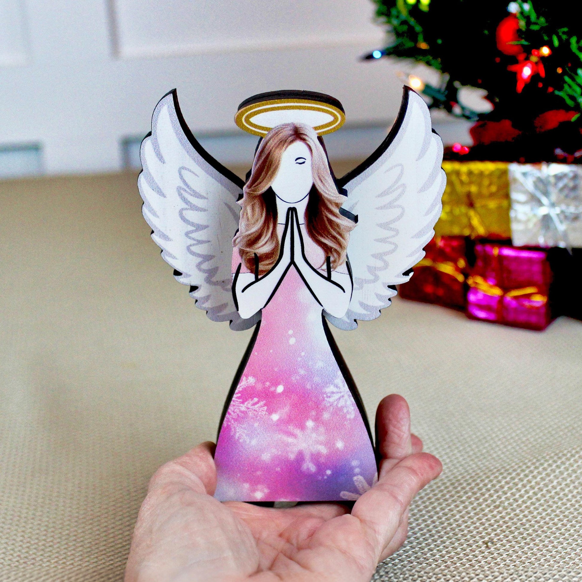 Angel Shelf Sitter Set, 3-Piece Pine Wood Christmas Angels, UV Printed Double-Layer Blonde, Brunette and Redhead Symbolizing Love & Light