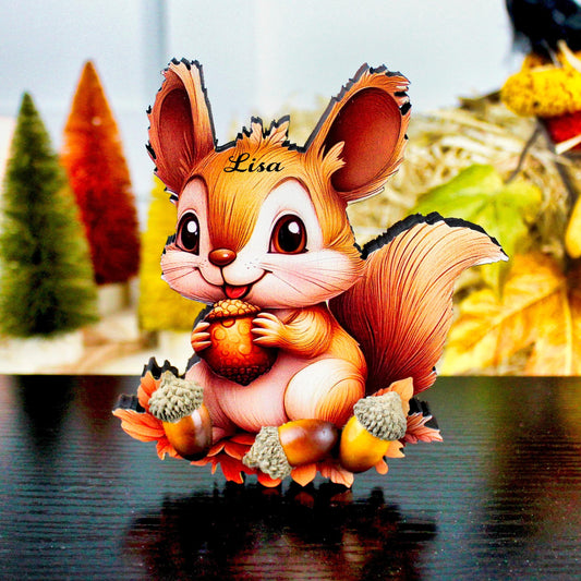 Fall Squirrel Shelf Sitter – “Autumn Joy” Personalized Woodland Critter Gift, Kids Room or Nursery Decor, Made from Solid Poplar Wood