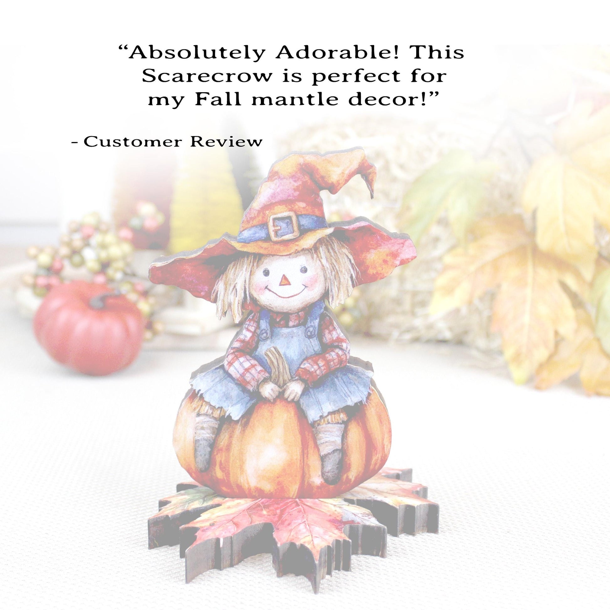 Personalized Fall Scarecrow Shelf Sitter – Solid Pine Wood, Autumn Decor
