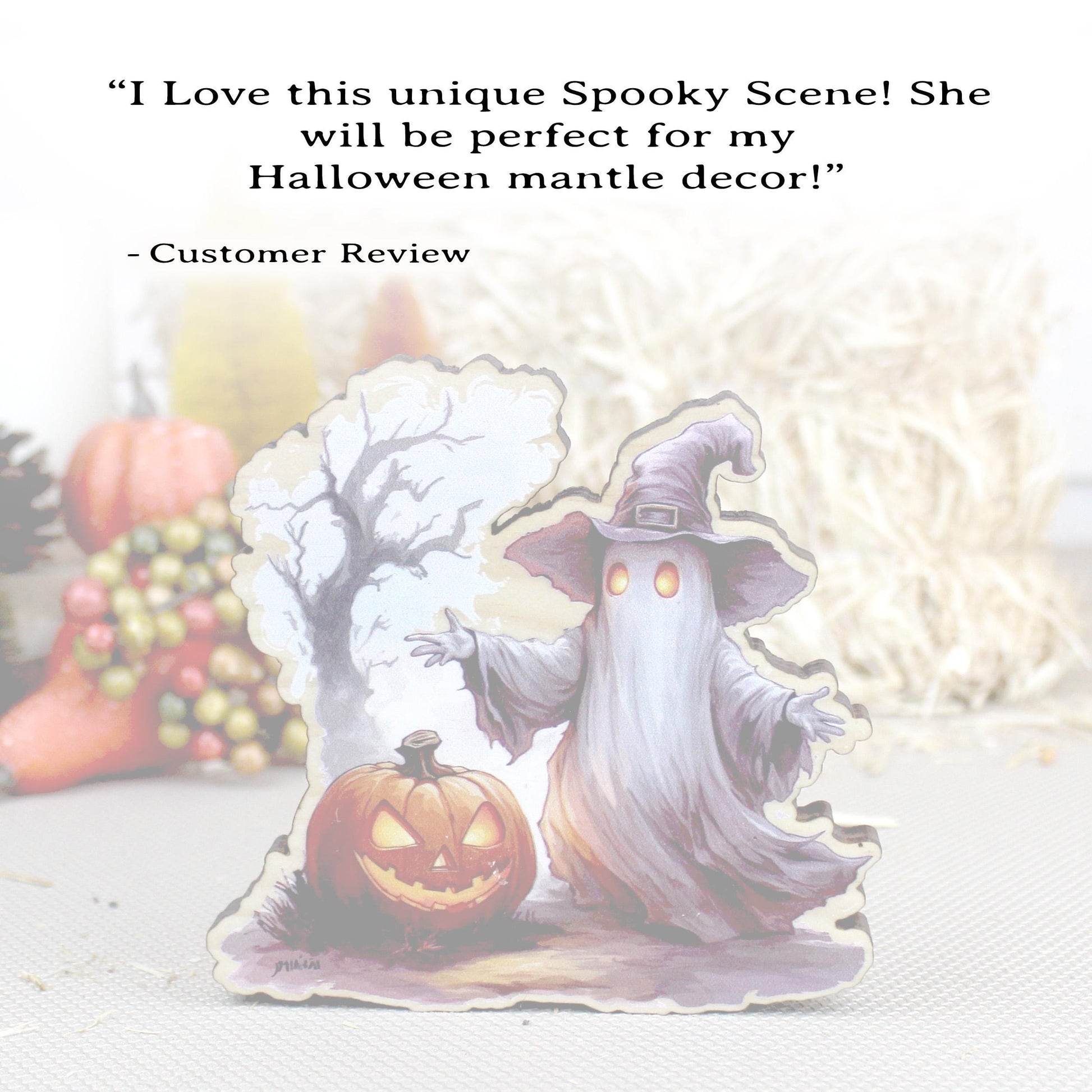 Custom Halloween Ghost Shelf Sitter, Spooky Tree & Pumpkin, A Keepsake Filled With Wonder, Decor for Tiered Trays. Mantels and Shelves