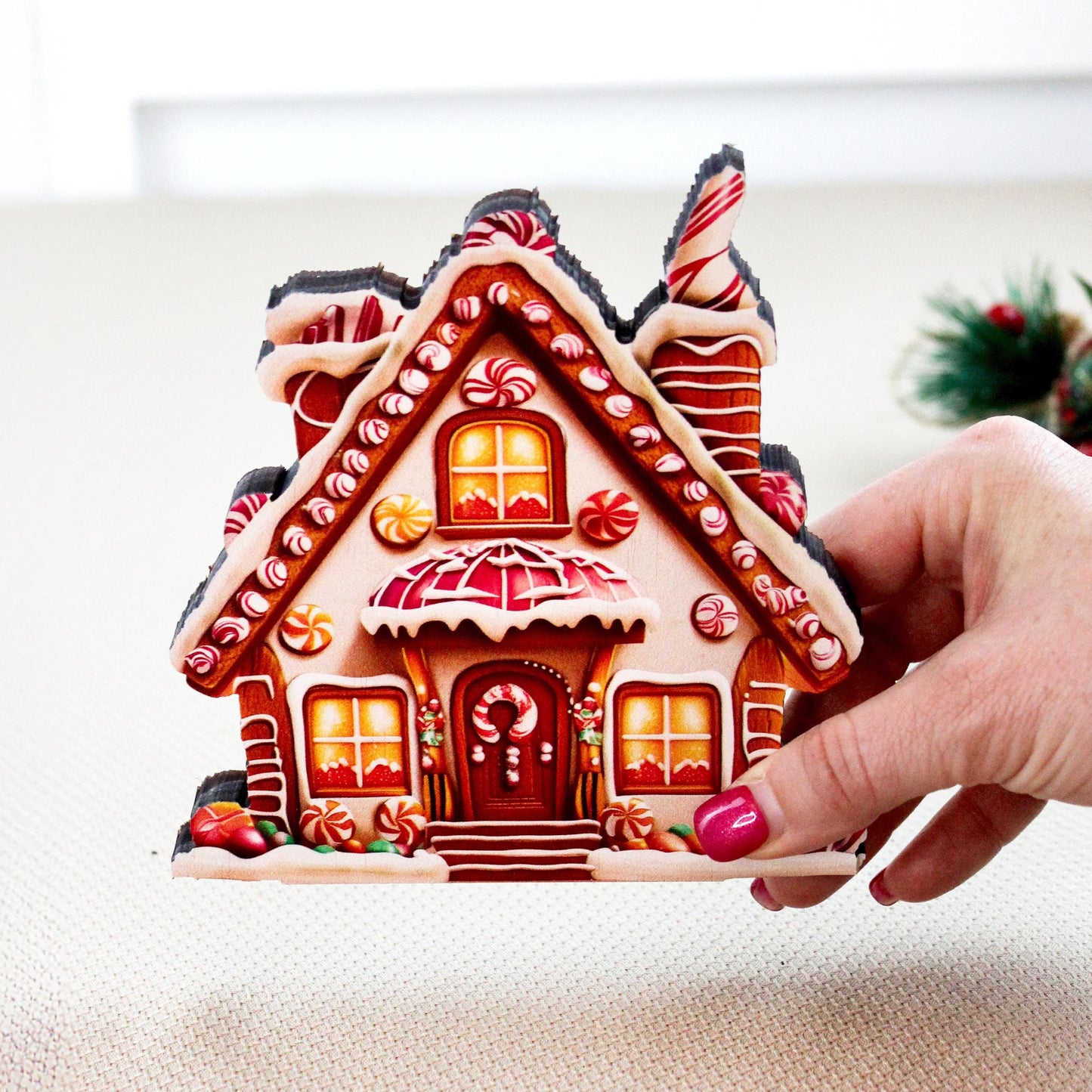 Personalized Purple Gingerbread House Shelf Sitters, Christmas Tiered Tray Decor